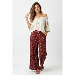 Blush Boutique Womens Red Floral Wide Leg Pants Size Medium Cottage Boho Casual